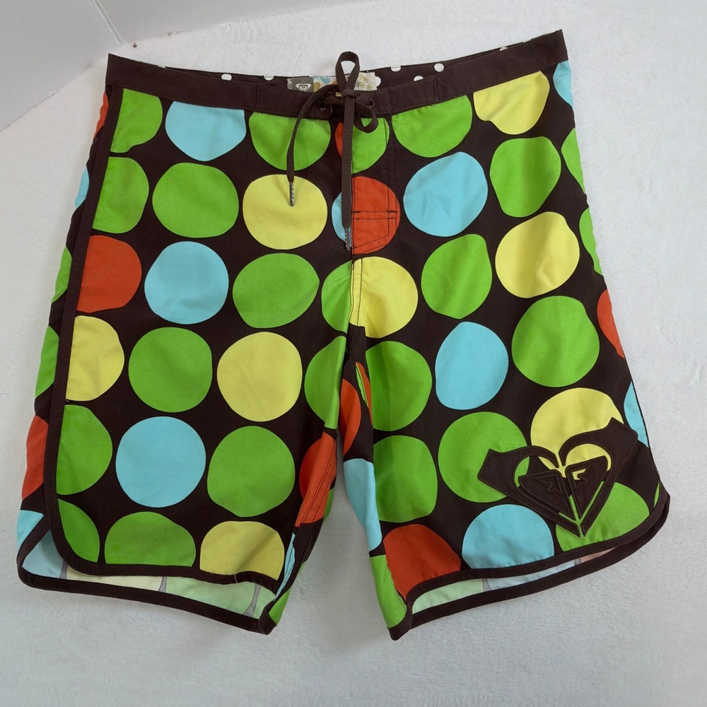 Roxy Board Shorts Women 7 Brown Multi Polka Dot Excellent Vtg Y2K Surf Swim